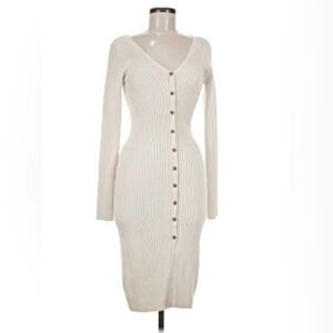 Happily Grey Cream Ribbed Button Down V Neck Long Sleeve Sweater Dress Medium